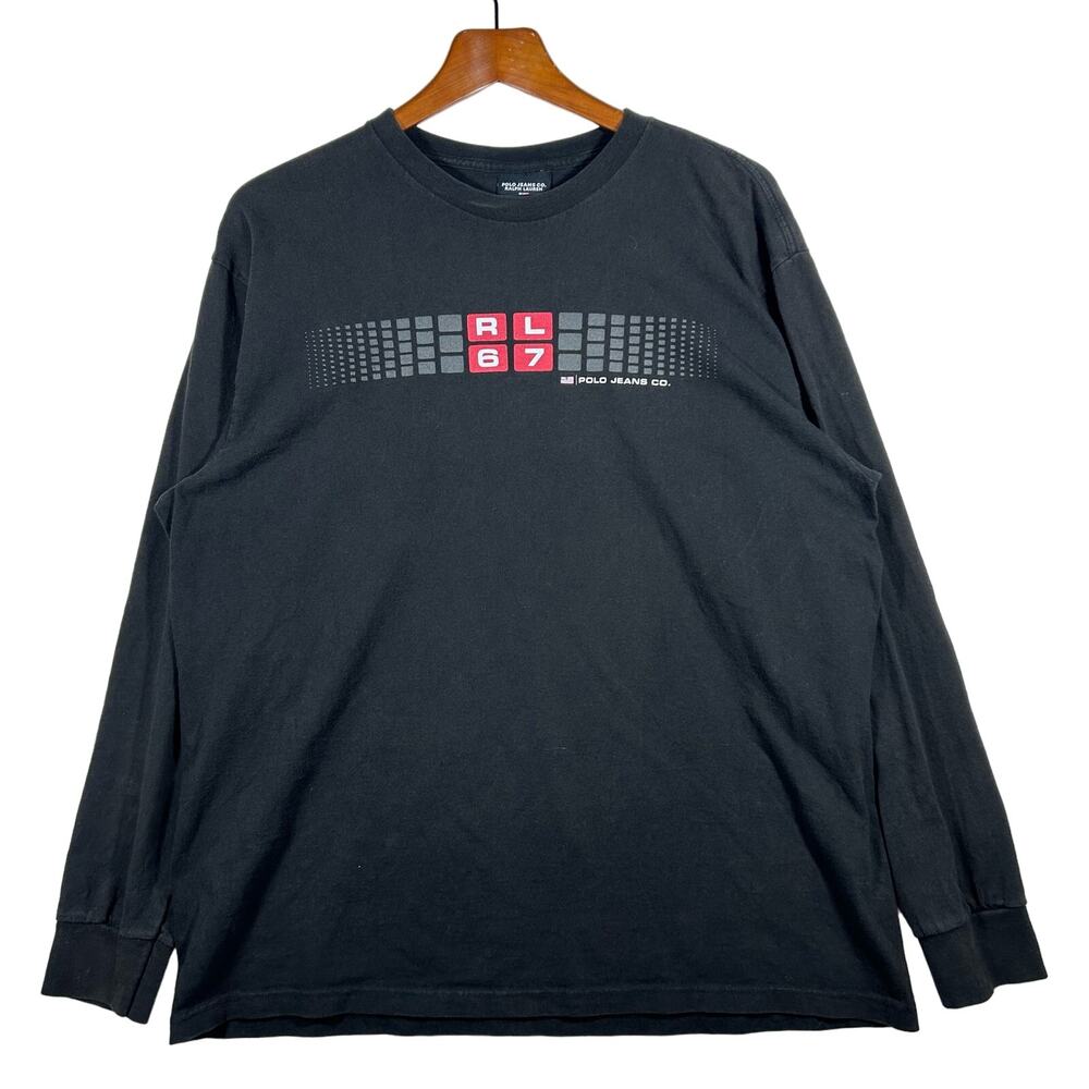 Vintage Polo Ralph Lauren Men's Long SLeeve Black and Red T-Shirt Size Large